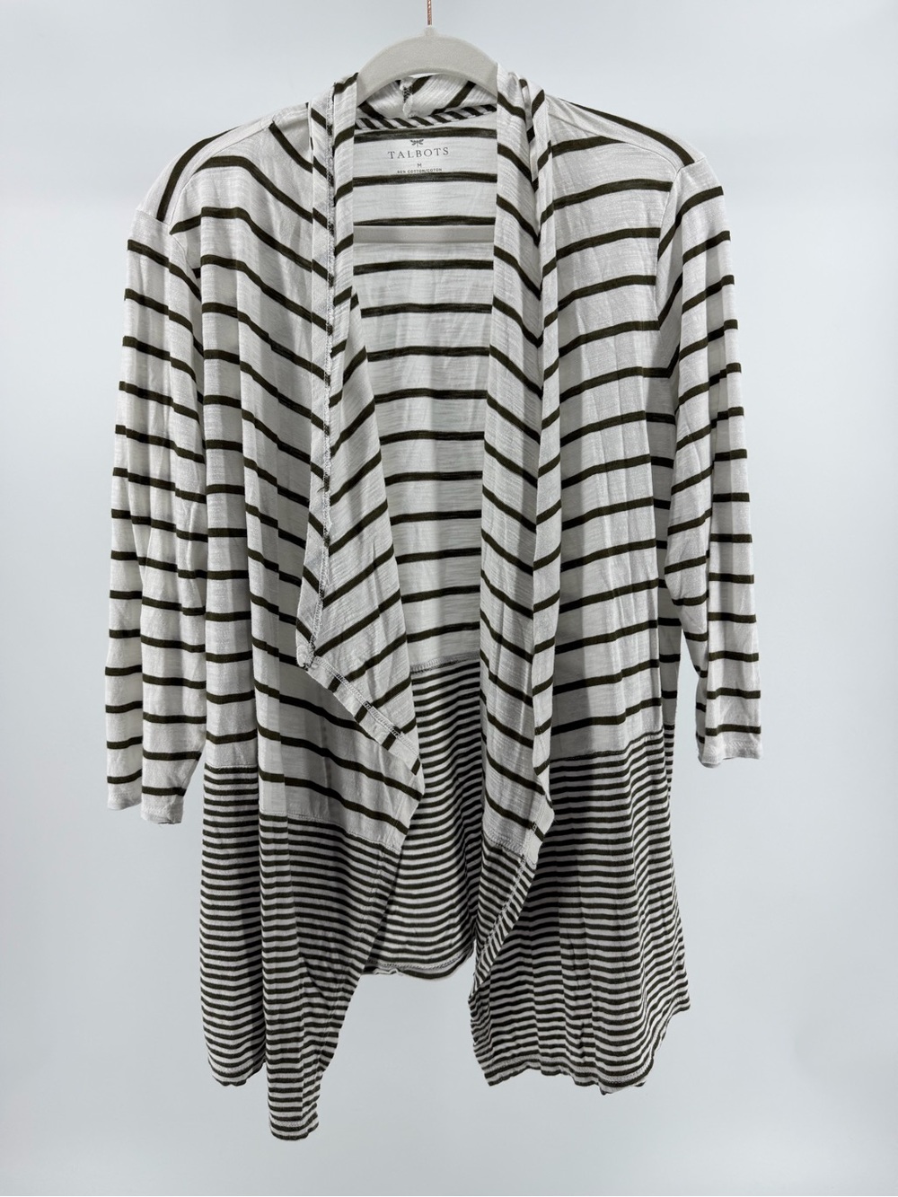 Talbots Cotton Modal White Olive Green Stripe Open Front Cardigan, Size Medium